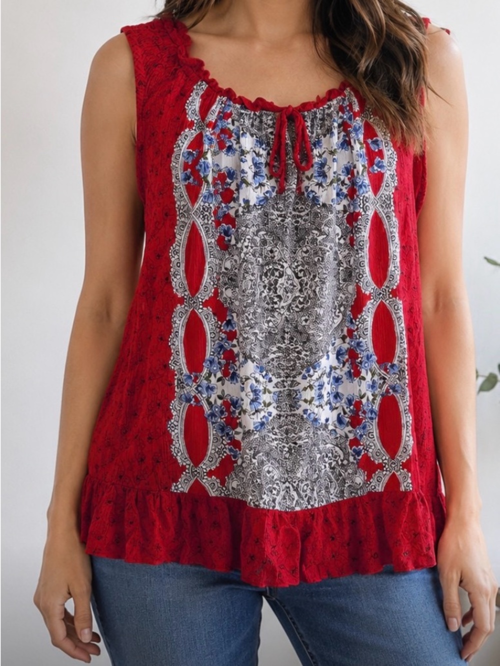 Bila Red Floral-Print Lace-Trim Sleeveless Camisole